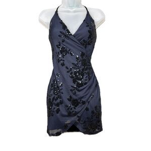Speechless Sequined Faux-Wrap Mini Dress Sexy Party Holiday Navy Blue Sz 1 J144